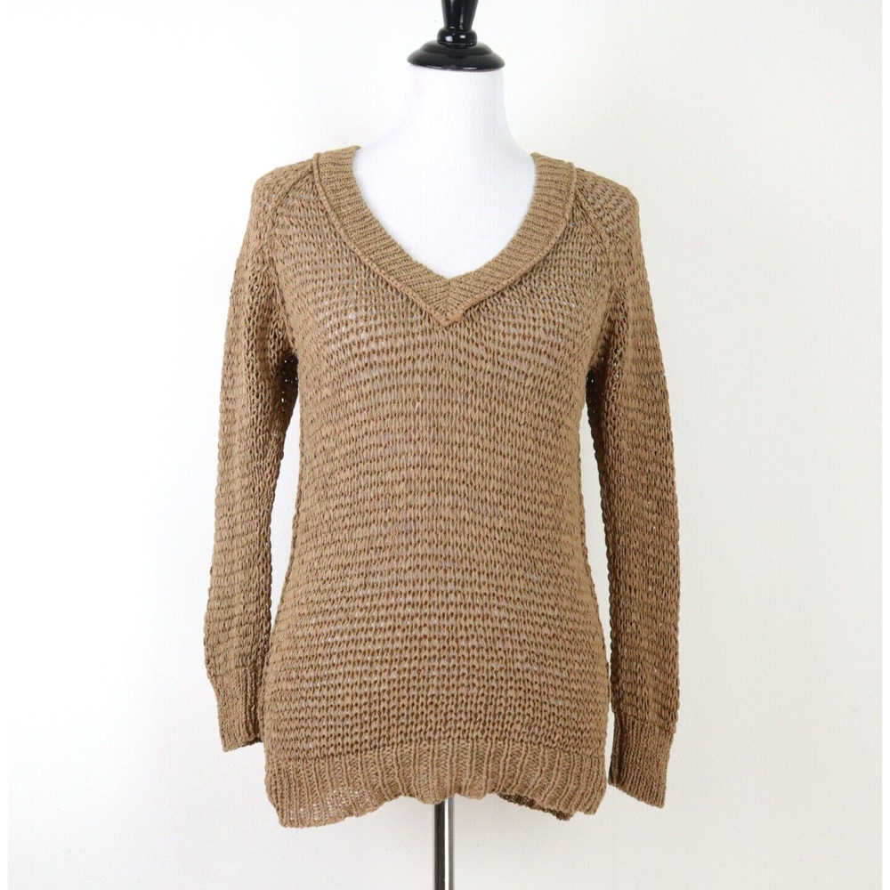Club Monaco Size XS Open Chunky Knit V Neck Pullover Sweater Tan - Picture 2 of 9